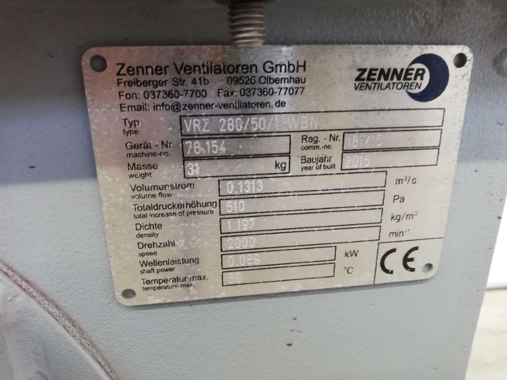 Maschine: ZENNER VENTILATOREN VRZ 280/50/1 WBN - Blower Gebläse