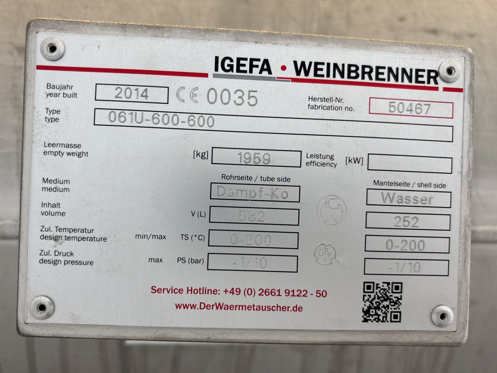 Maschine: IGEFA WEINBRENNER 061U-600-600 - Shell and tube heat exchanger Rohrbündelwärmetauscher