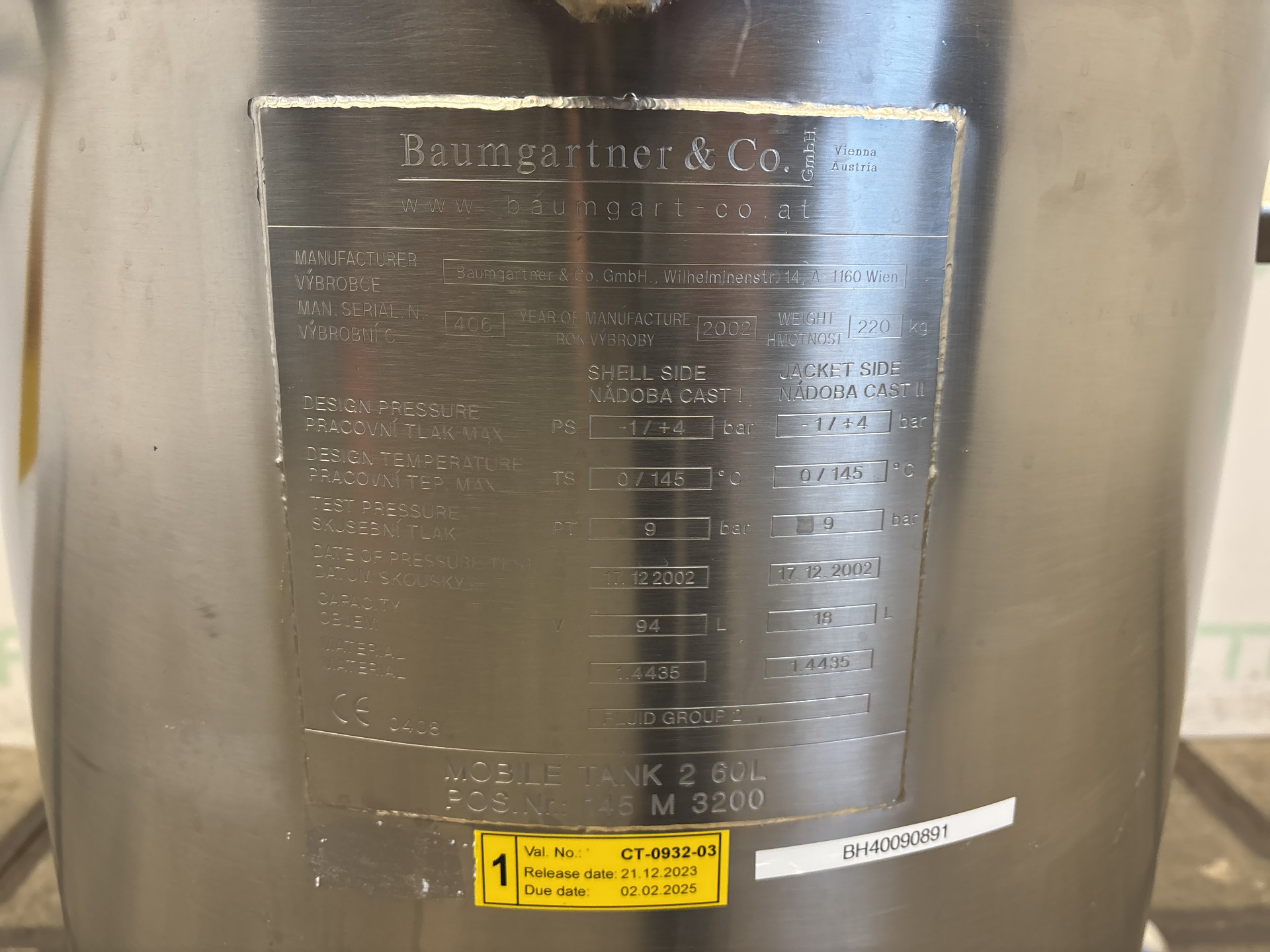 Maschine: BAUMGARTNER Pharma Reactor 60 L - Stainless Steel Reactor Edelstahlreaktoren