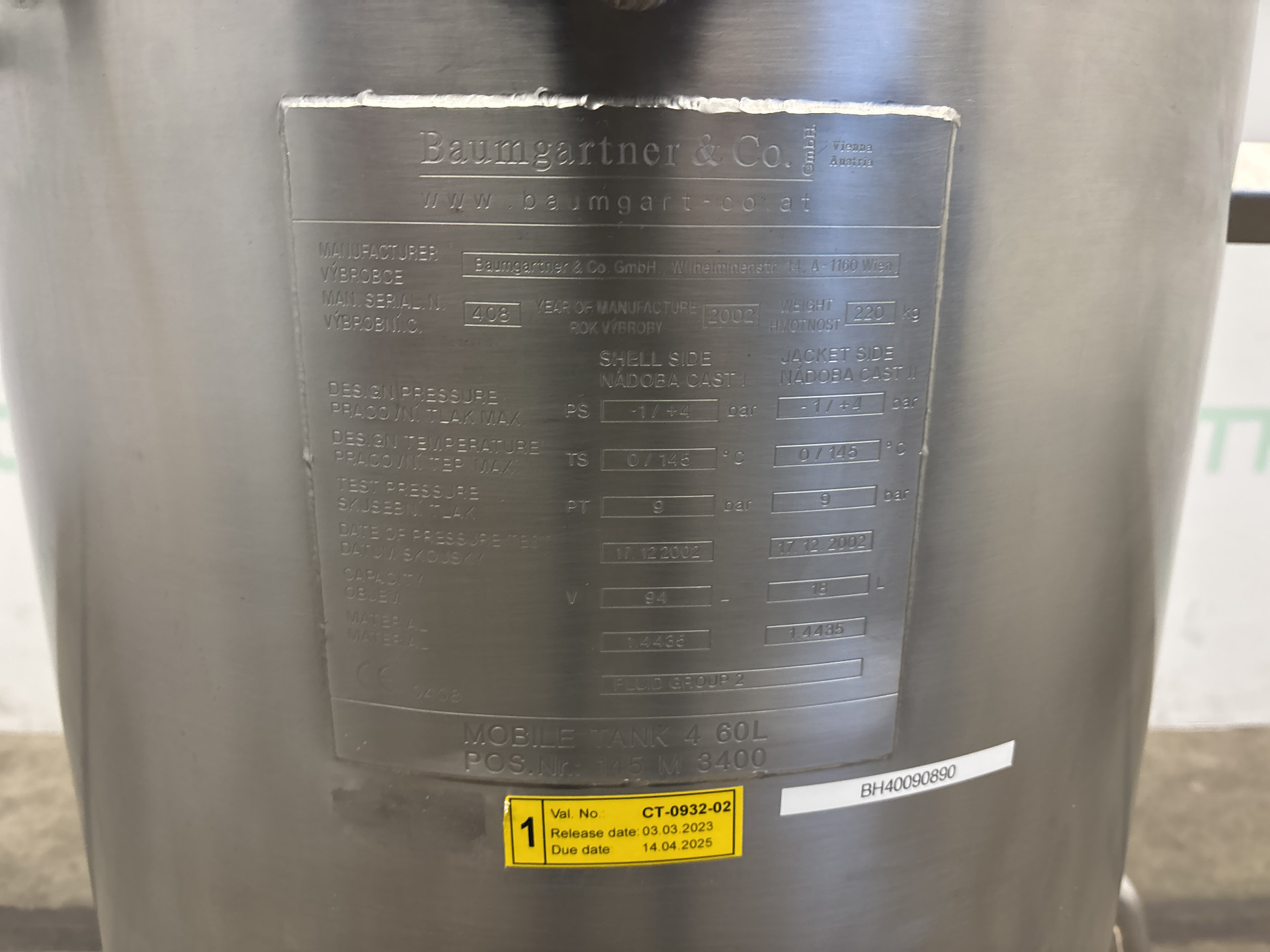 Maschine: BAUMGARTNER Pharma Reactor 60 L - Stainless Steel Reactor Edelstahlreaktoren