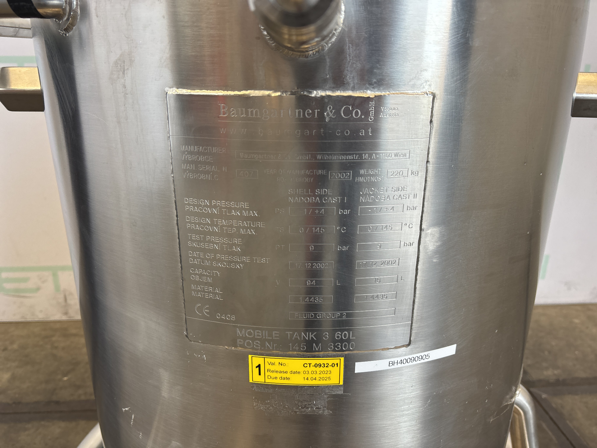 Maschine: BAUMGARTNER Pharma reactor 60 L - Stainless Steel Reactor Edelstahlreaktoren