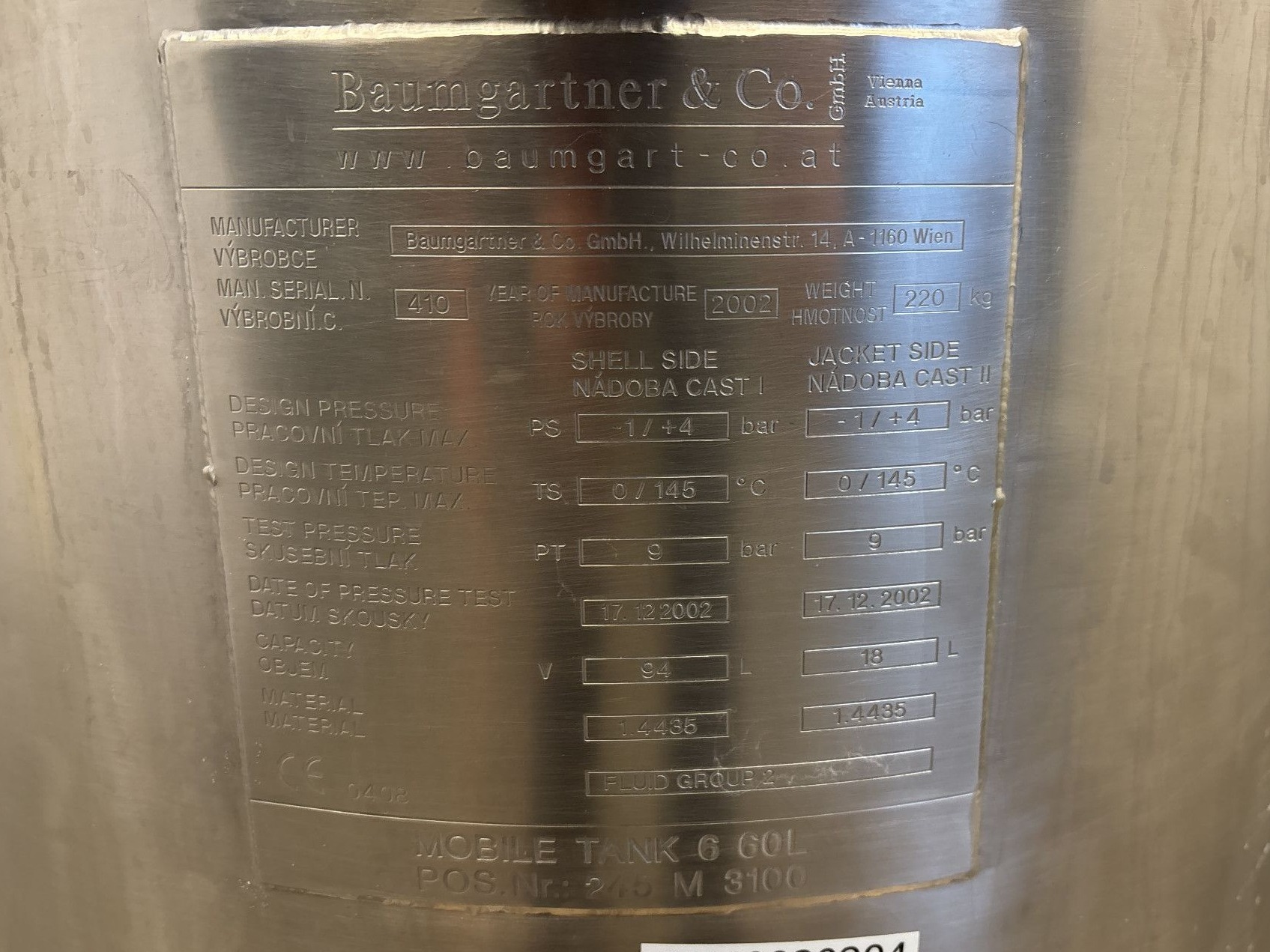 Maschine: BAUMGARTNER Pharma Reactor 60 L - Stainless Steel Reactor Edelstahlreaktoren