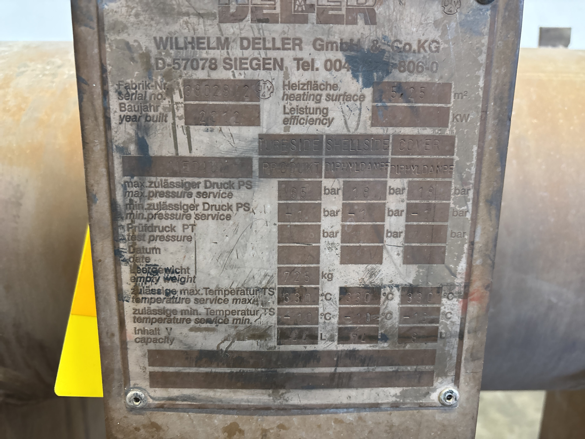 Maschine: WILHELM DELLER 5,2 m² (330 °C, 65 bar) - Shell and tube heat exch Rohrbündelwärmetauscher