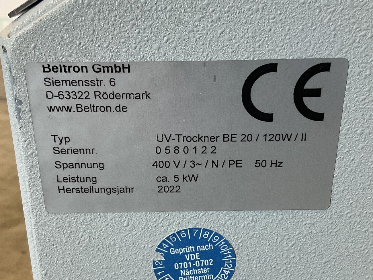 Maschine: BELTRON UV-Trockner BE 20 / 120 W / II - Belt dryer Bandtrockner
