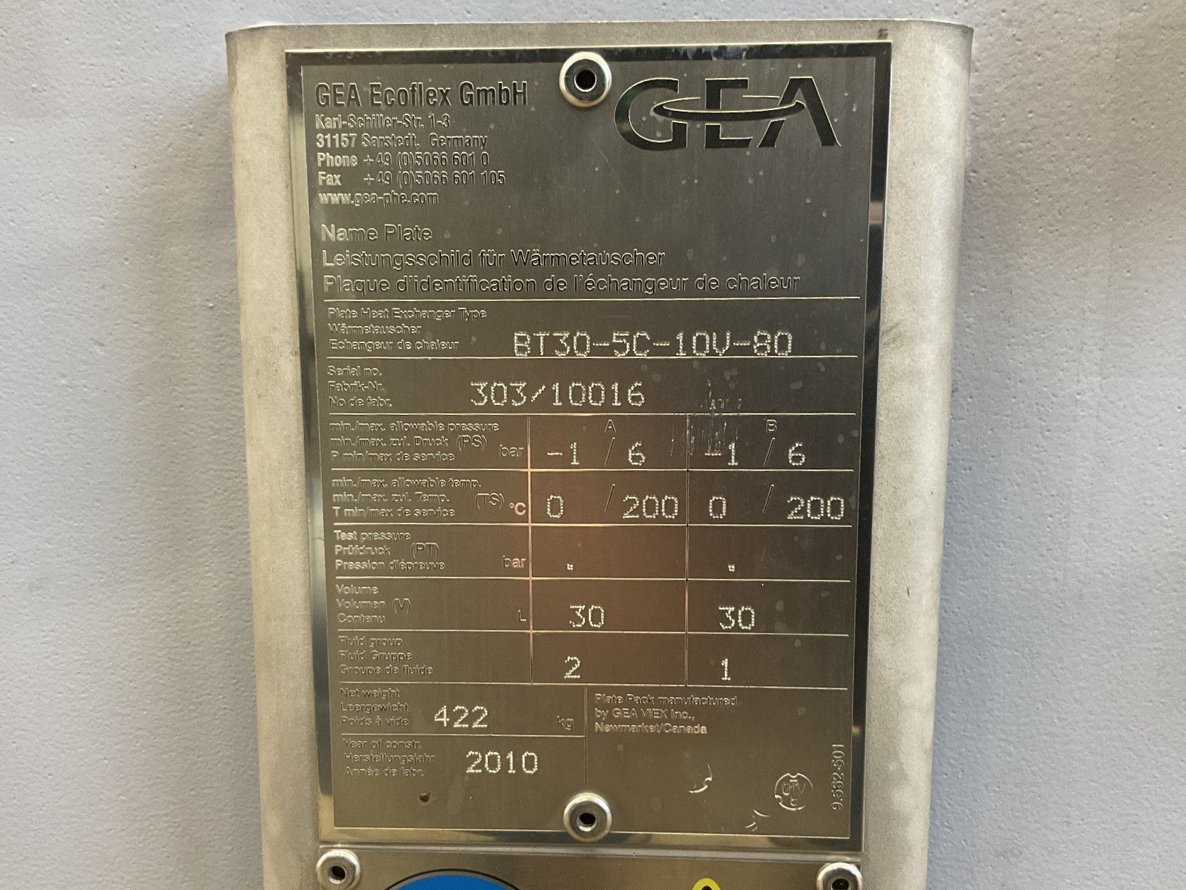 Maschine: GEA PHE SYSTEMS BT30-5C-10V-80 - Plate heat exchanger Plattenwärmetauscher