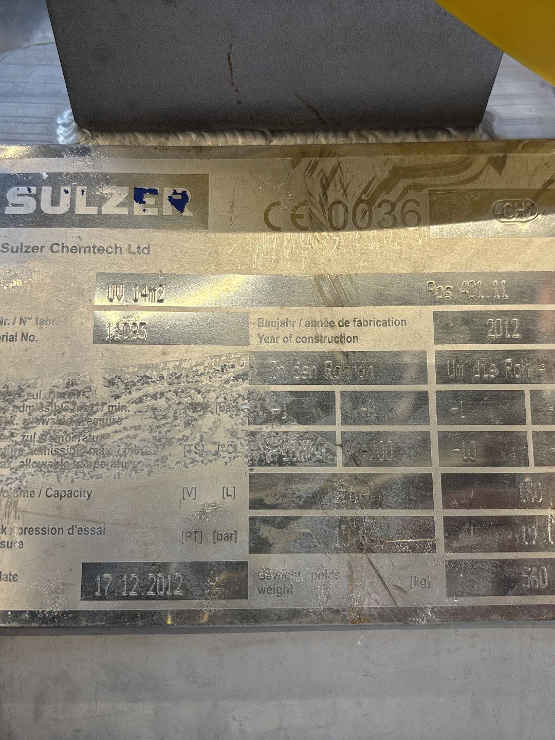 Maschine: SULZER 14 m2 (Hastelloy C-22) - Falling film evaporator Getränke