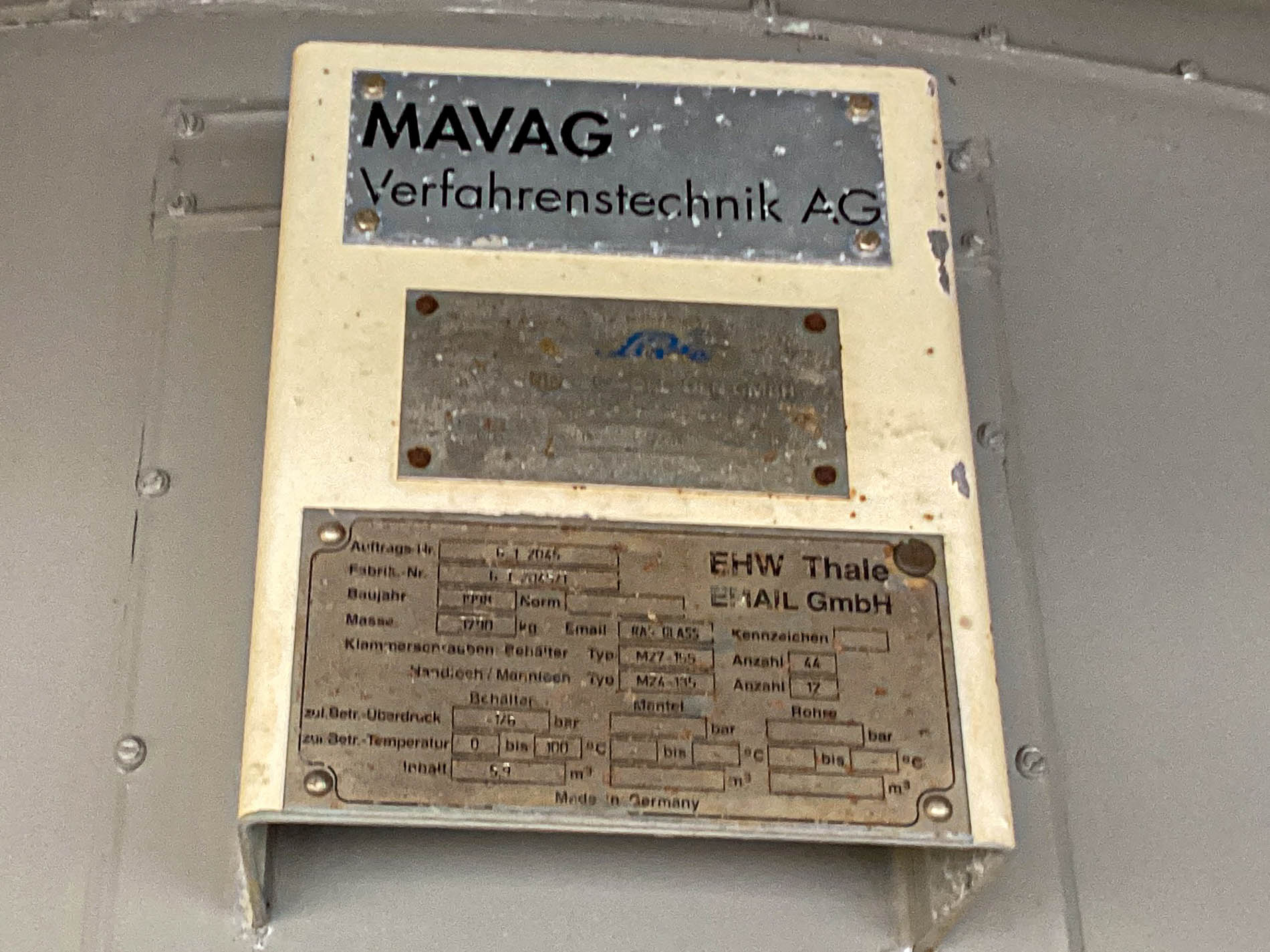 Máquina: MAVAG ALTENDORF Glass-lined / Hastelloy 