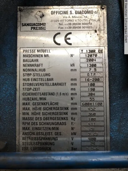 Sangiacomo T130RCE Exzenterpresse - Einständer – RESALE