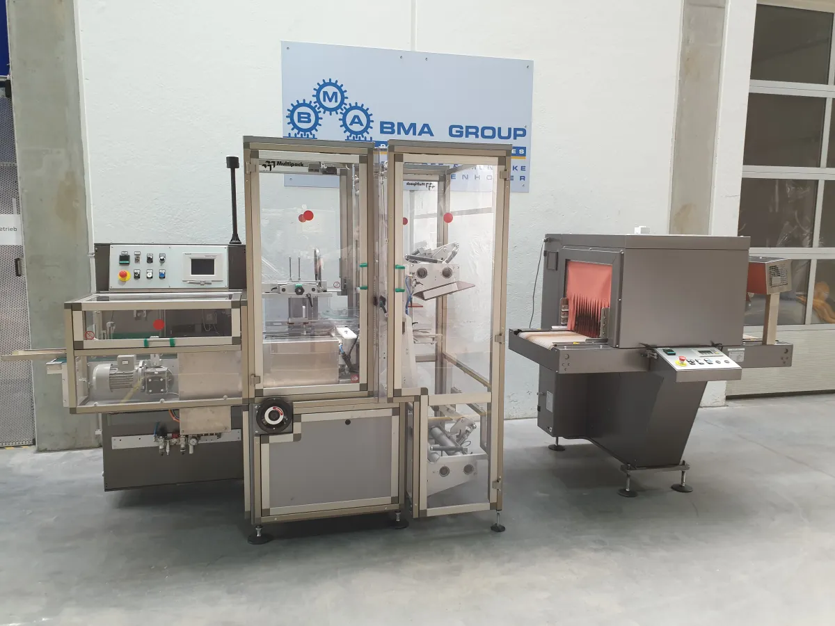 Multipack F500 + T600 Straffbanderolierer mit Schrumpftunnel