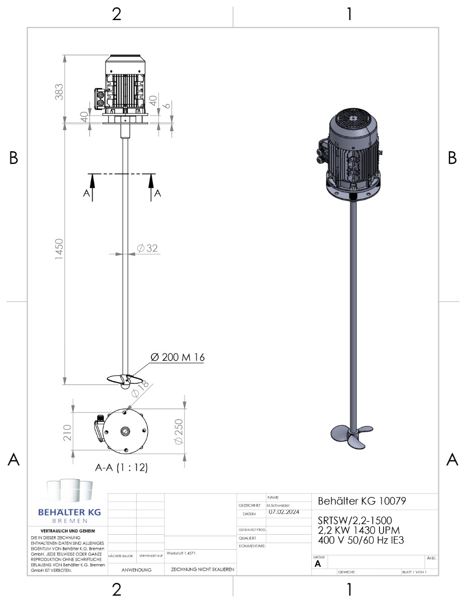 Werksneues 2,2 KW / 1430 Upm Propellerrührwerk-FIT