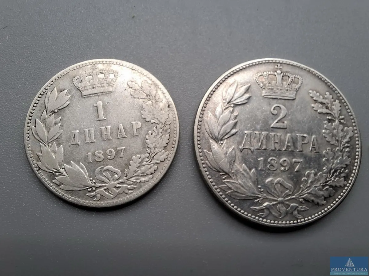 Silbermünzen Serbien 1897 1 Dinar 2 Dinar KM21