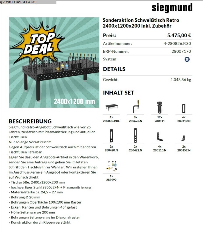 SIEGMUND 750V - 2,4 x 1,2 / 28 Schweißtisch