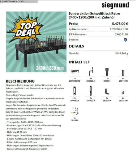 Siegmund 750V - 2,4 x 1,2 / 28 Schweißtisch – RESALE