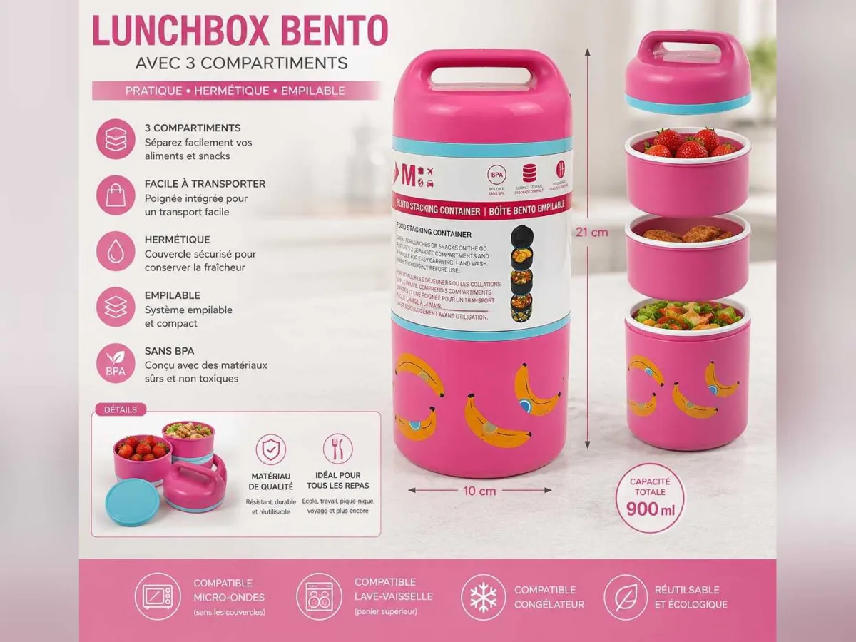 3-Fächer stapelbare, luftdichte Lunchbox-Set